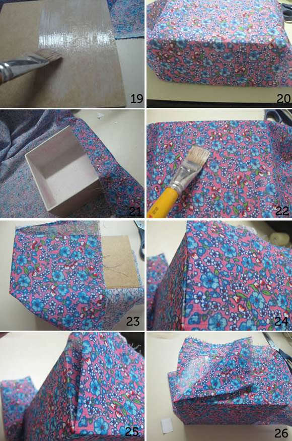 Como revestir caixa de MDF com tecido e decorar com decoupage