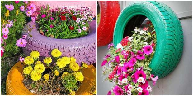 Jardim Decorado com Vasos de Pneus Coloridos