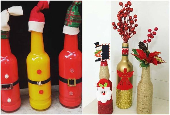 Enfeites de Natal com garrafas decoradas