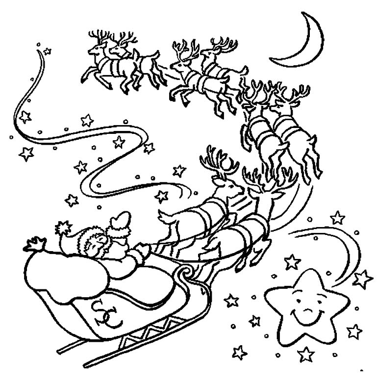 Desenho lindo de Papai Noel com trenó e renas
