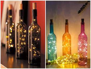 Enfeites com garrafas e pisca-pisca para Natal