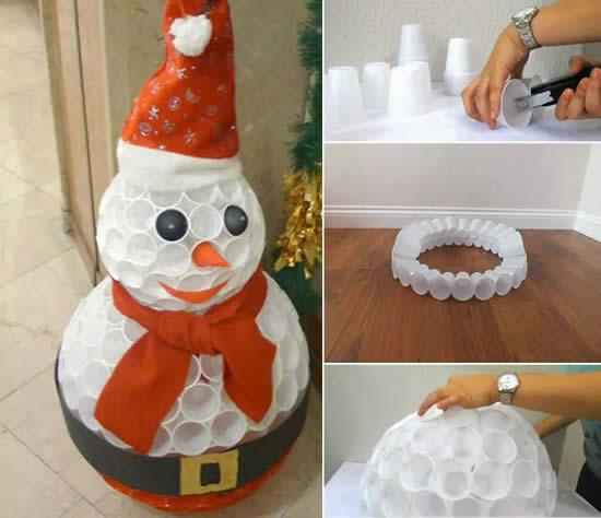 Boneco de Neve com copos descartáveis
