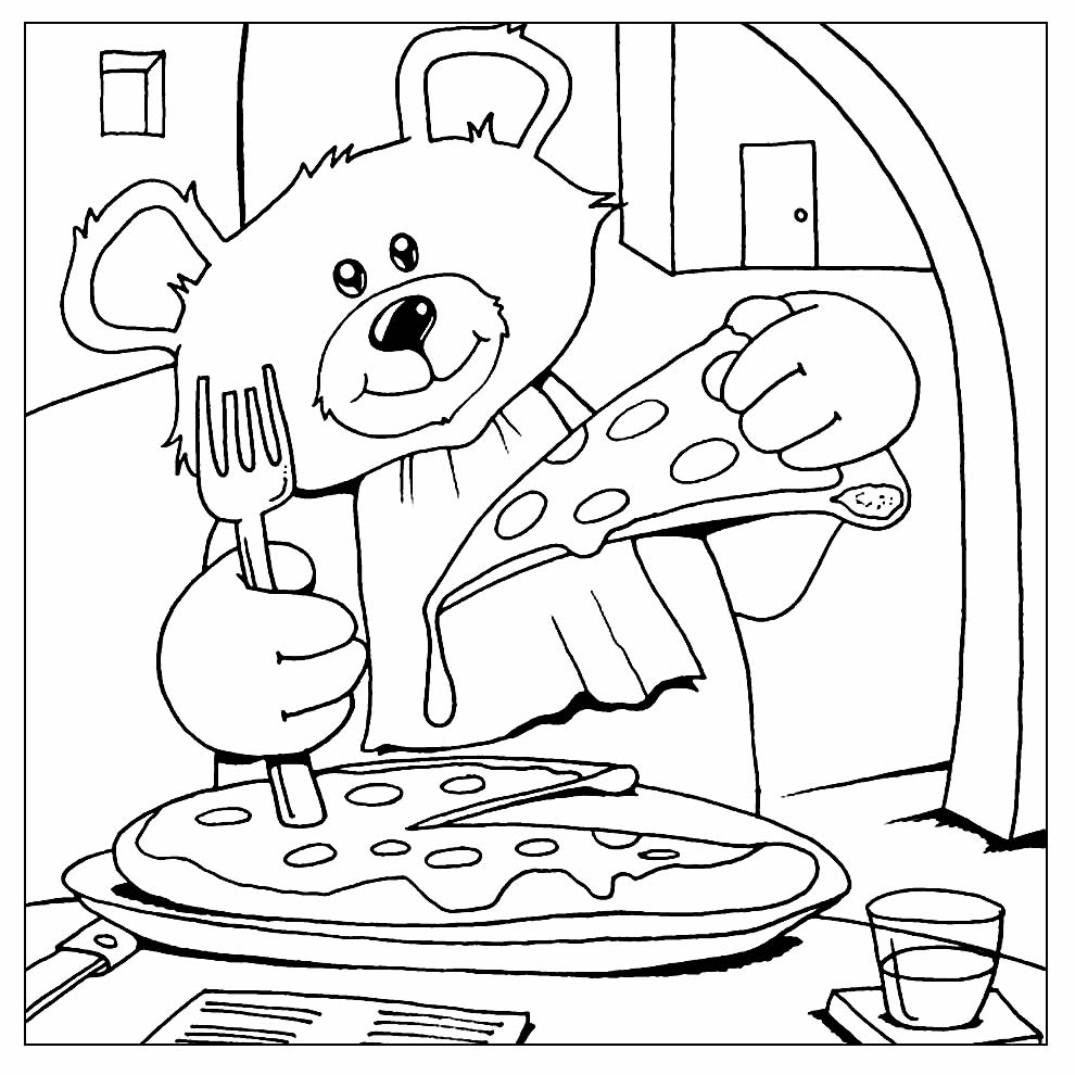 Desenhos de Ursinho com Pizza para colorir