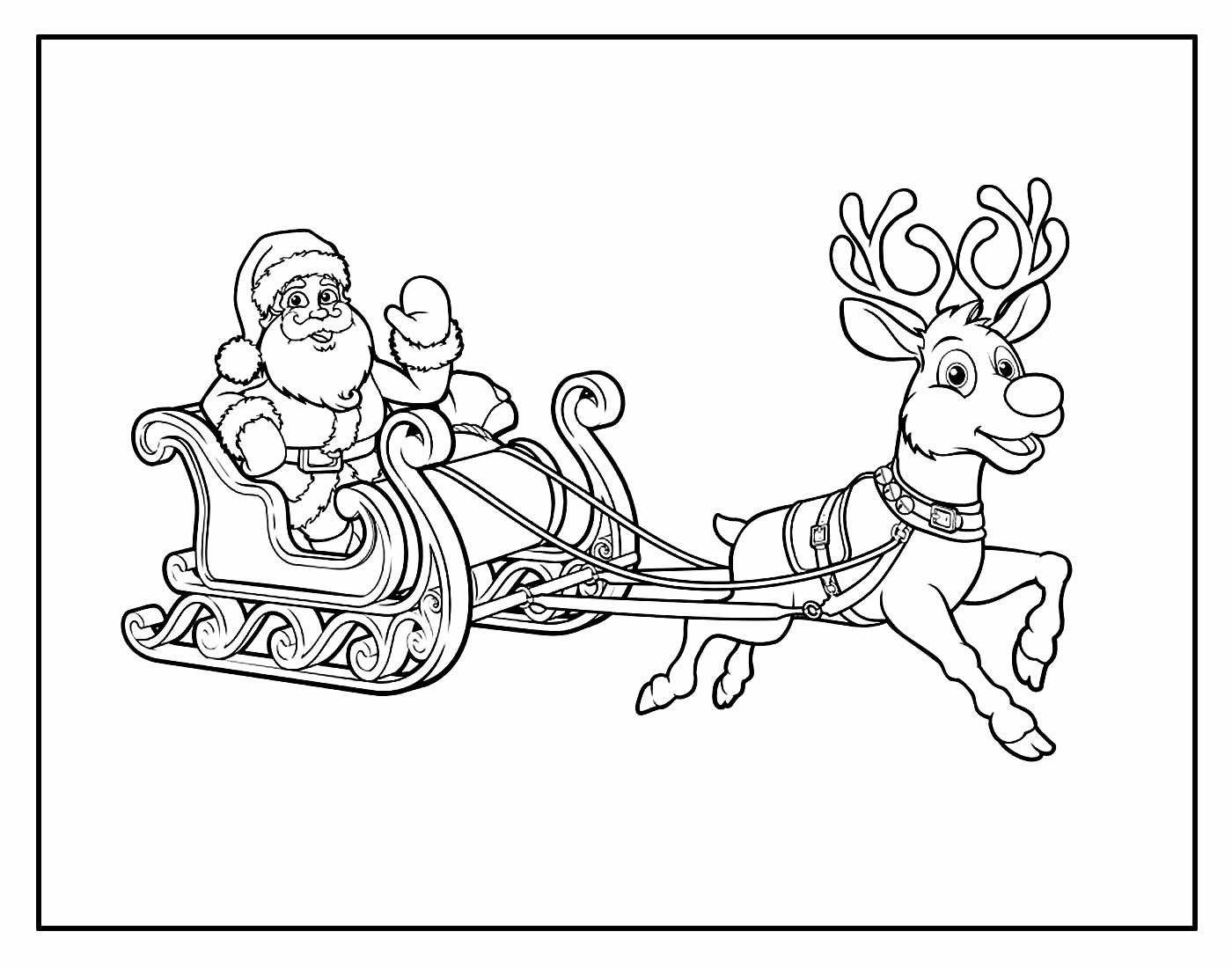 Desenho de Papai Noel com Trenó e Renas para colorir