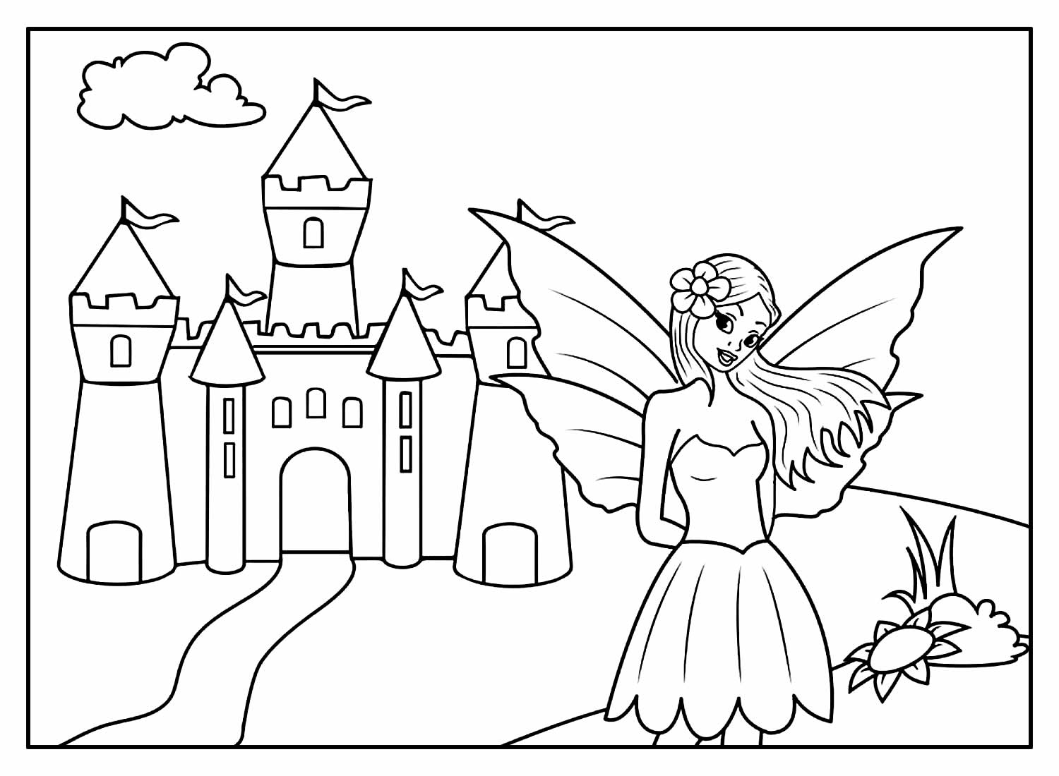 Desenho de Fada e Castelo para colorir