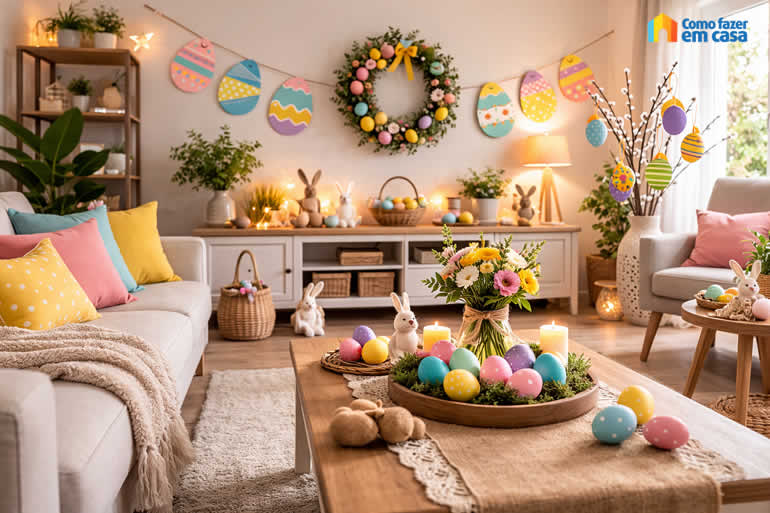 Decoração com Ovos de Páscoa Coloridos de Papel