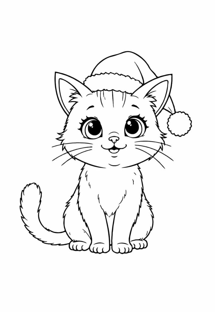 Desenho de Gatinho com Gorro de Natal para colorir