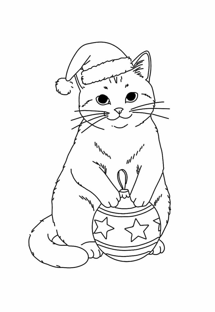 Desenho de Gatinho com Gorro de Natal para pintar