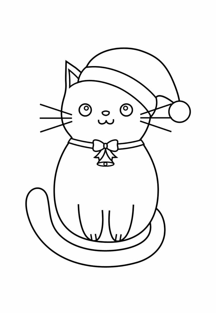 Desenho de Gatinho com Gorro de Natal para imprimir