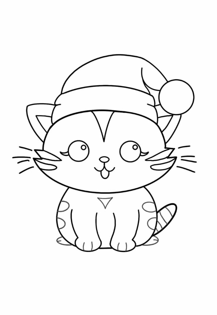 Gatinho com Gorro de Natal para colorir