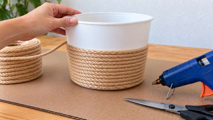 Fazendo cachepô com vaso e fio de sisal